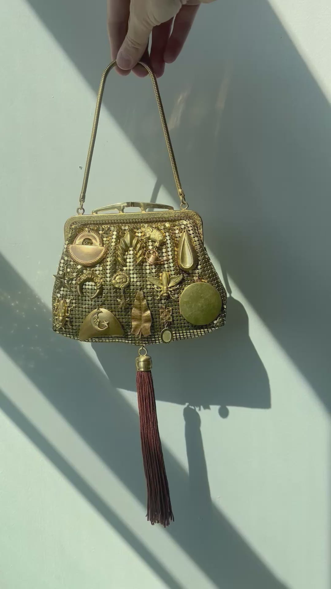 Gold Mesh Tasseled Gathered Charm Bag