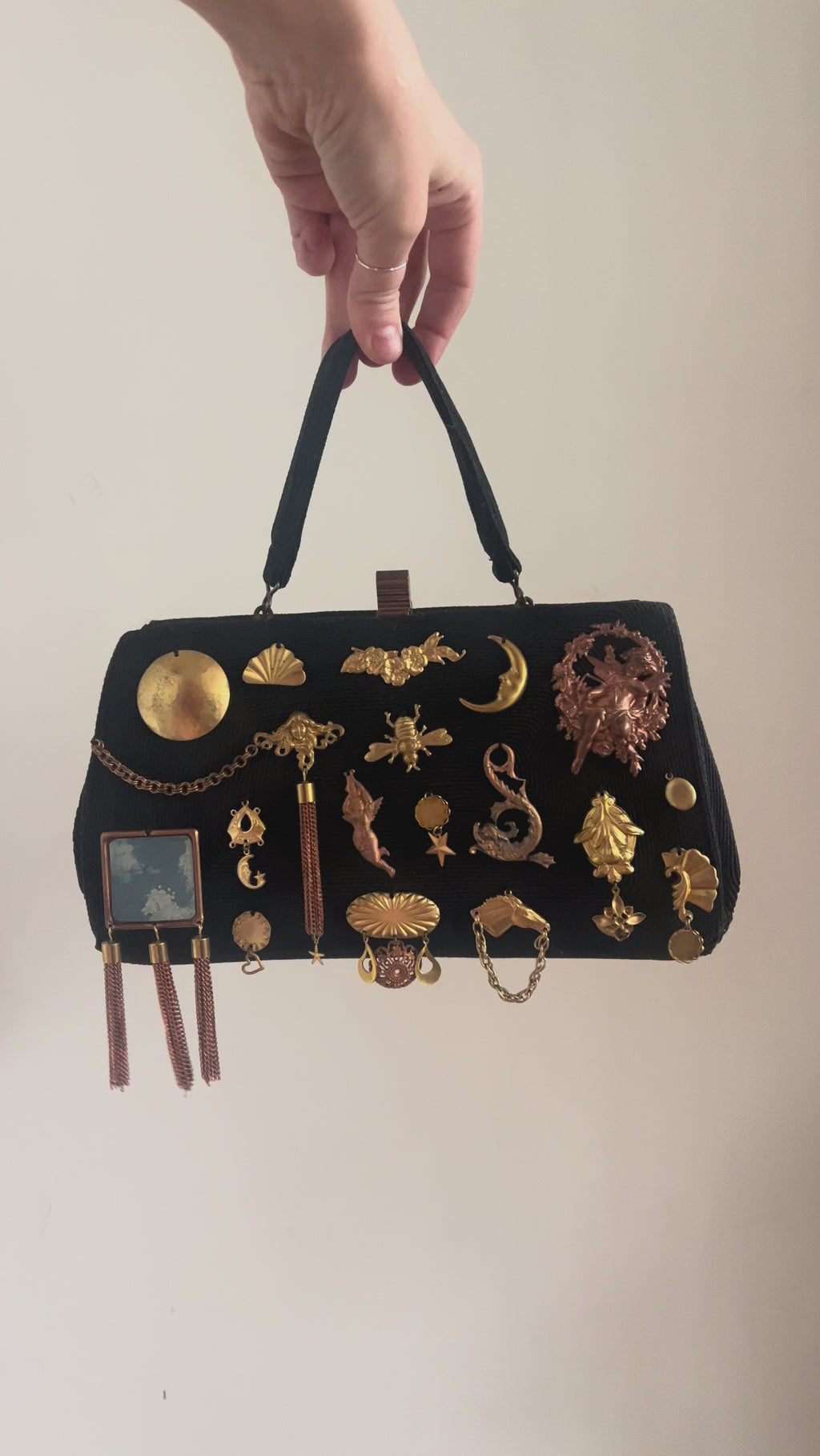 1940s Black Corde Gathered Charm Bag