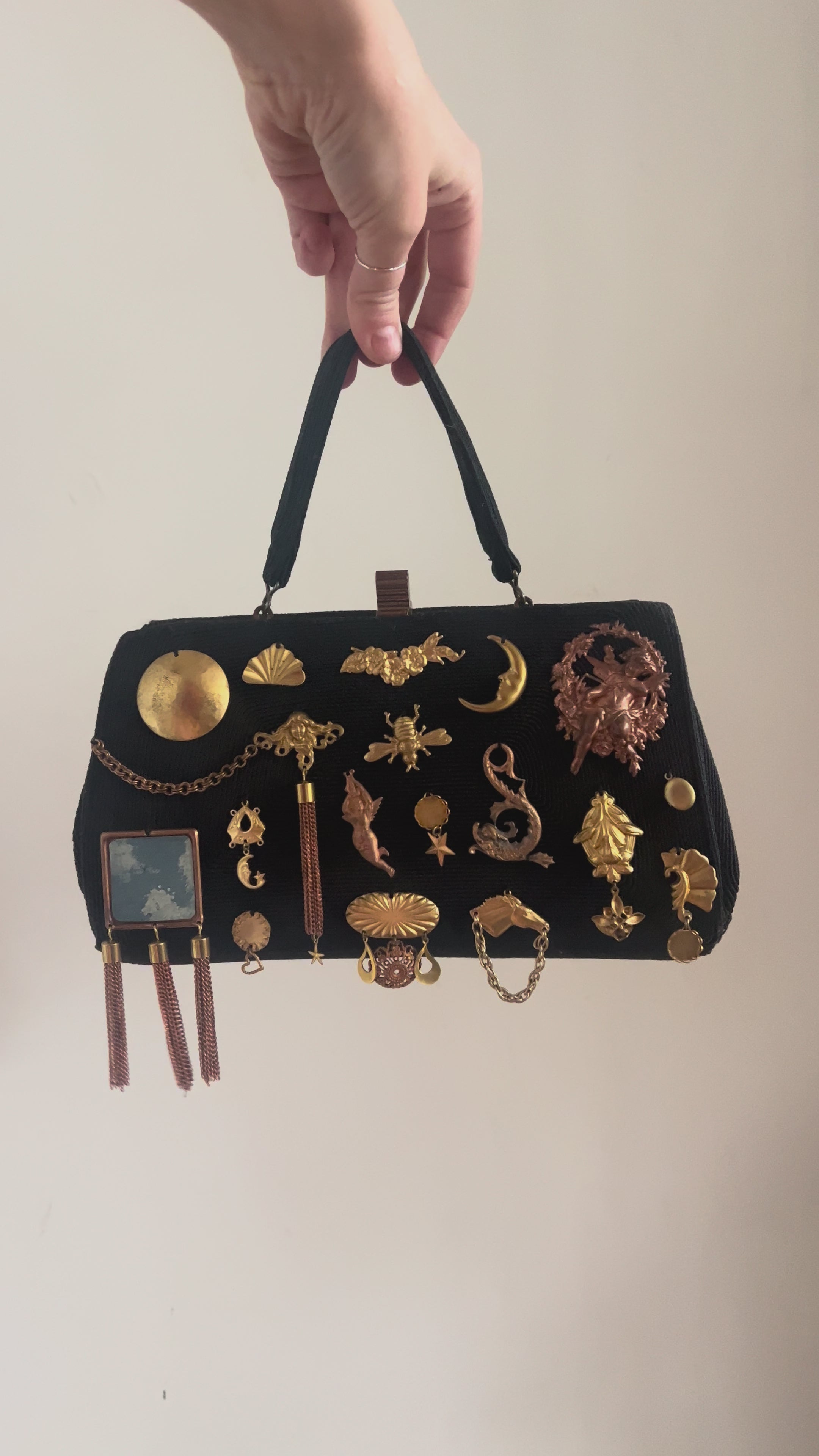 1940s Black Corde Gathered Charm Bag