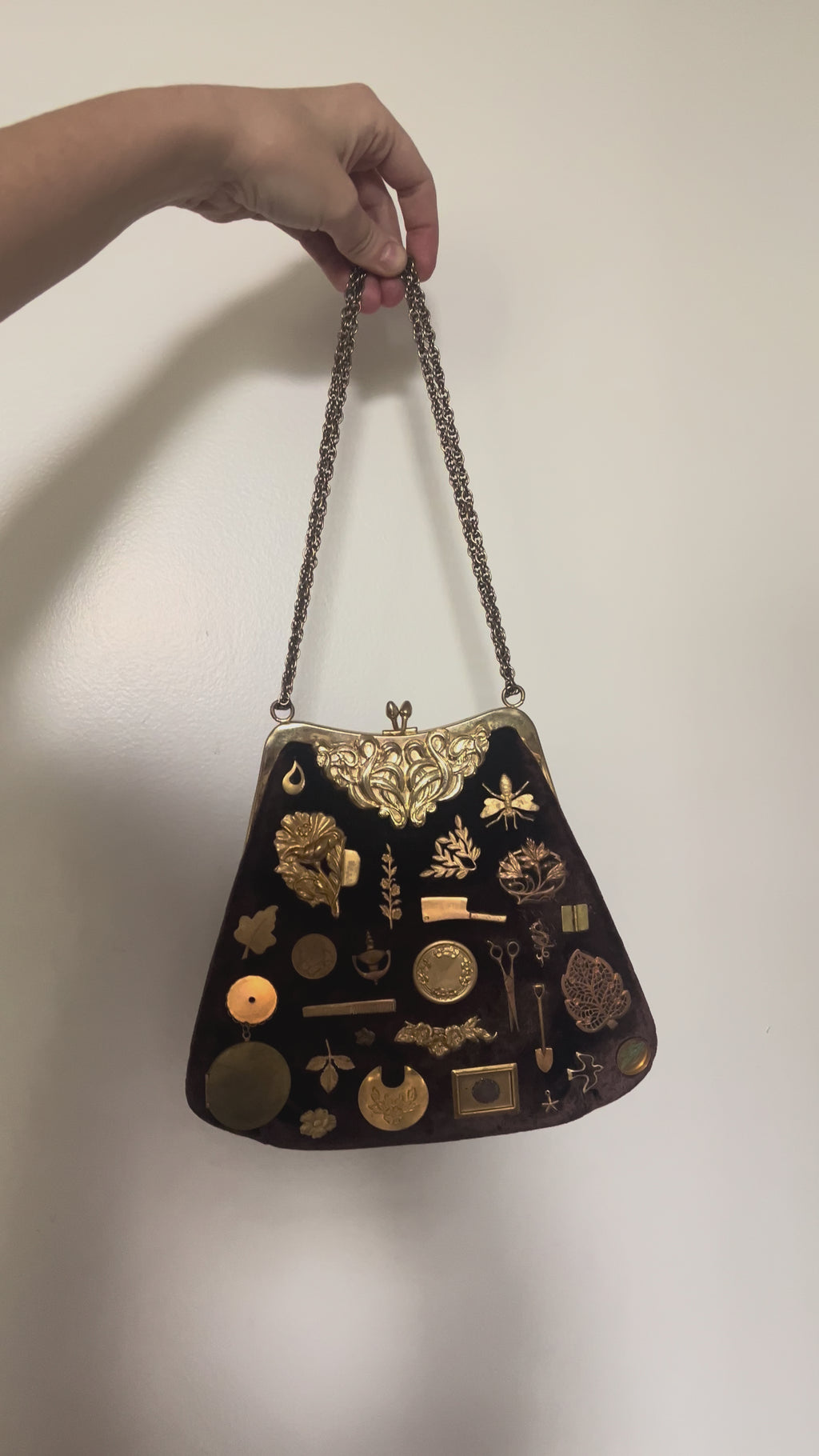 1960s Dark Brown Velvet Gathered Charm Bag