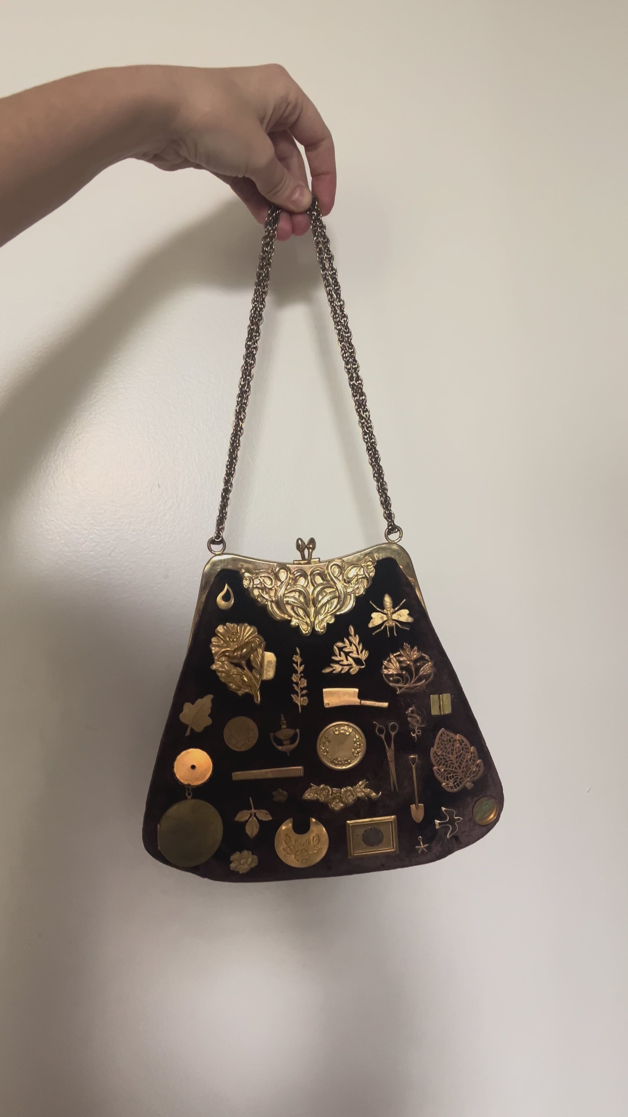 1960s Dark Brown Velvet Gathered Charm Bag