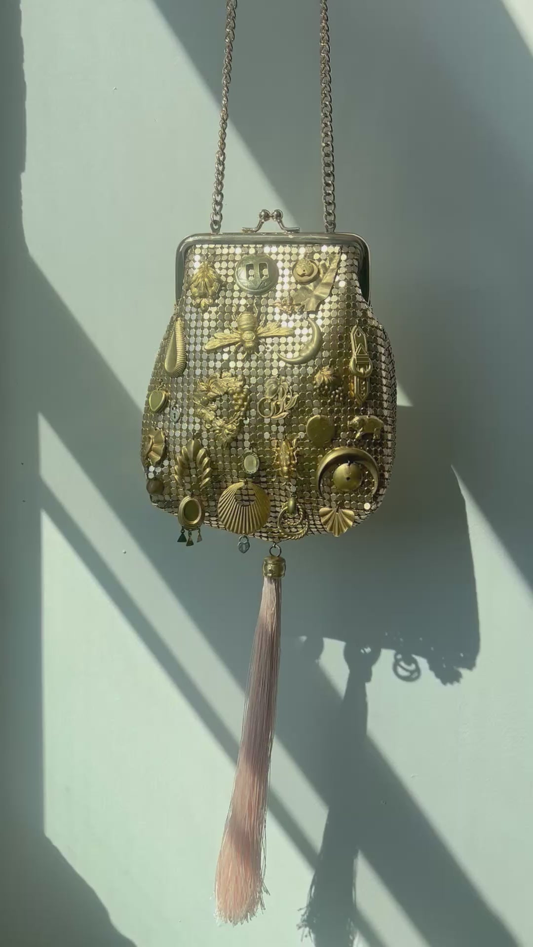 Rose Gold Mesh Tasseled Gathered Charm Bag