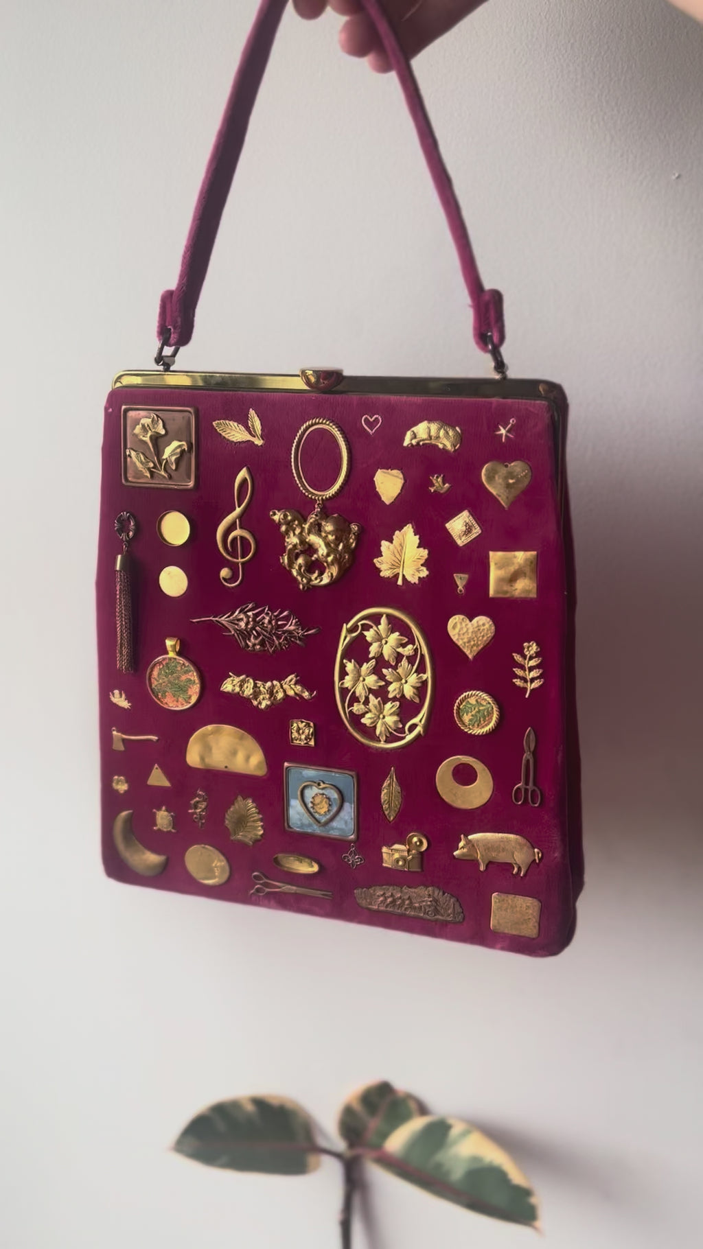 1940s Raspberry Velvet Gathered Charm Bag