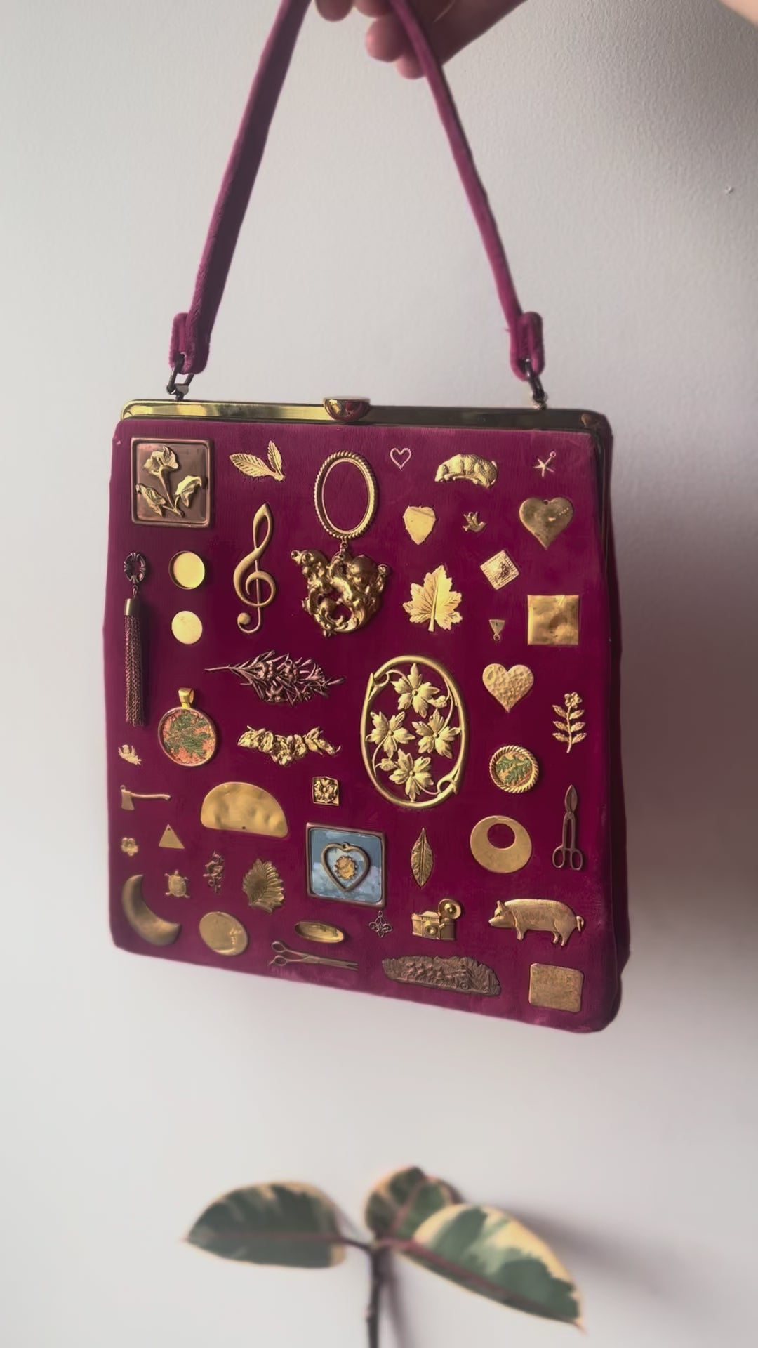 1940s Raspberry Velvet Gathered Charm Bag