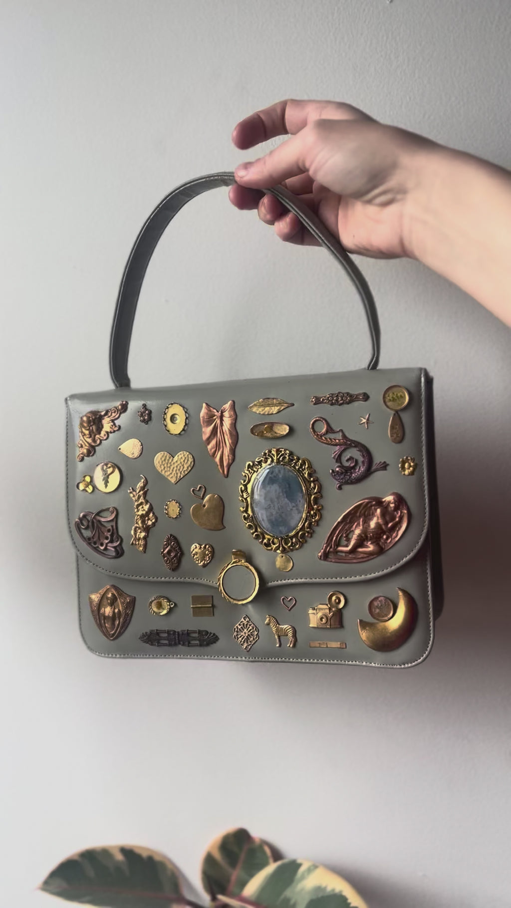 1950s Grey Leather Gathered Charm Bag
