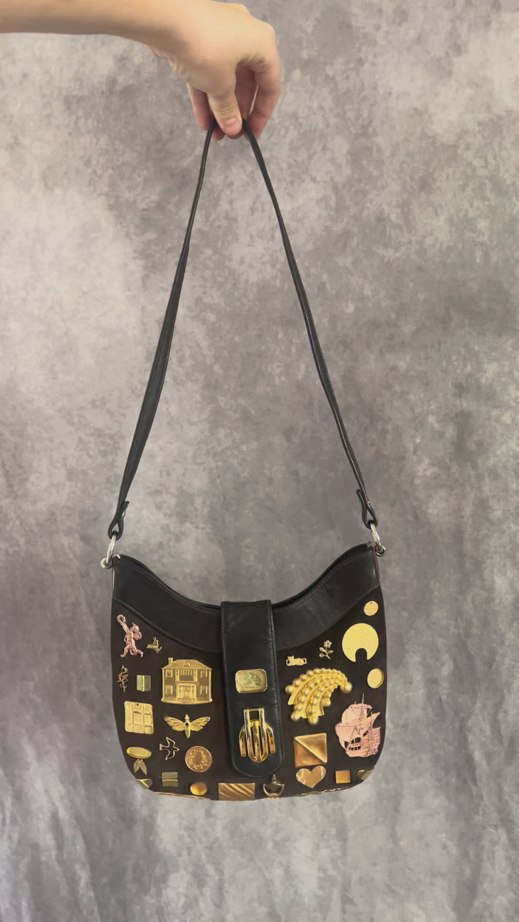 1960s Dark Brown Suede Gathered Charm Bag