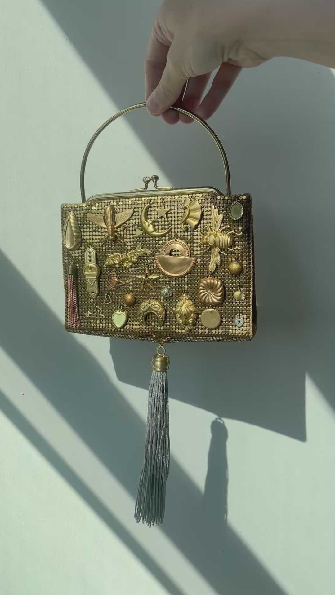 Gold Mesh Tasseled Gathered Charm Bag