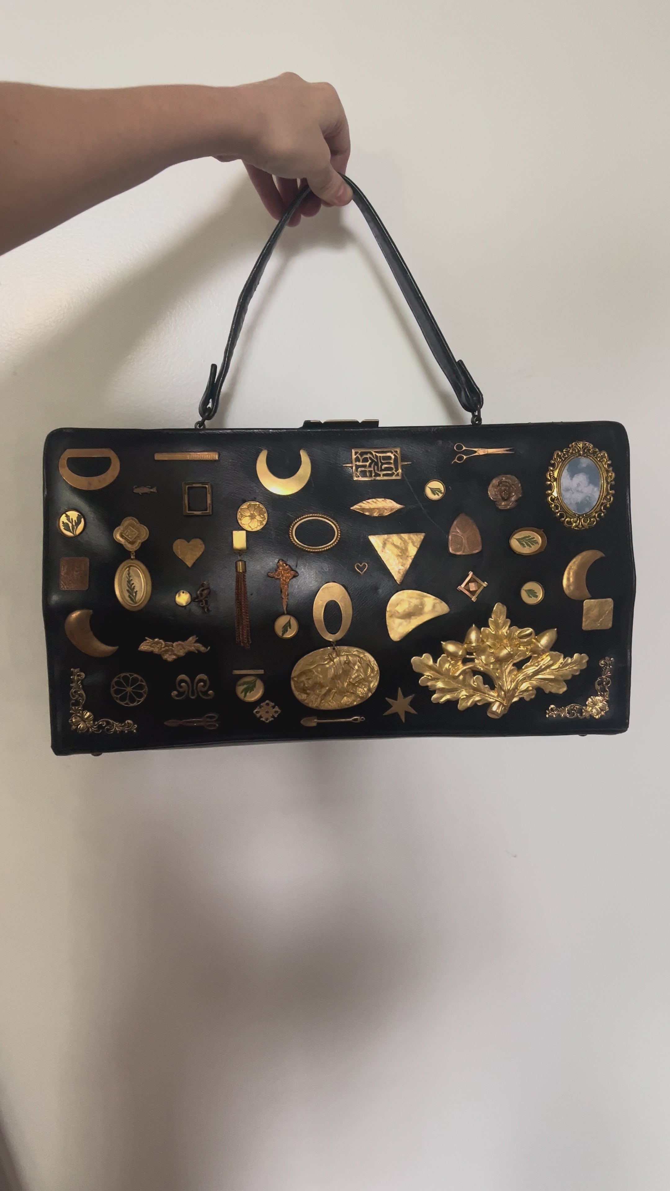 1960s Black Leather XL Gathered Charm Bag