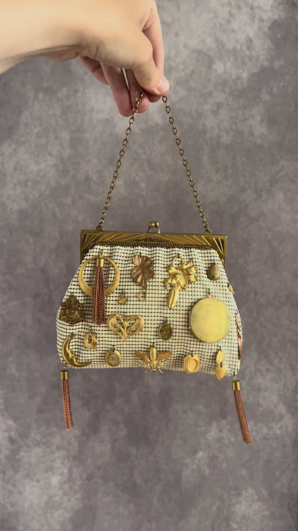 1940s Ivory Mesh Gathered Charm Bag