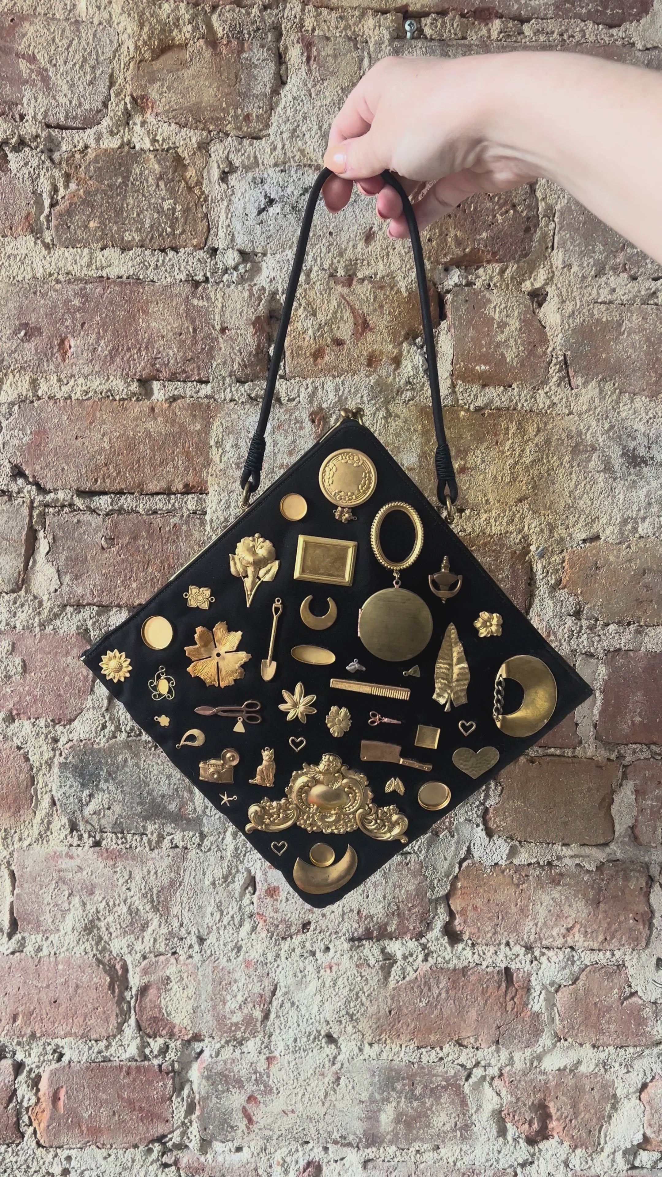 1940s Black Satin Gathered Charm Bag