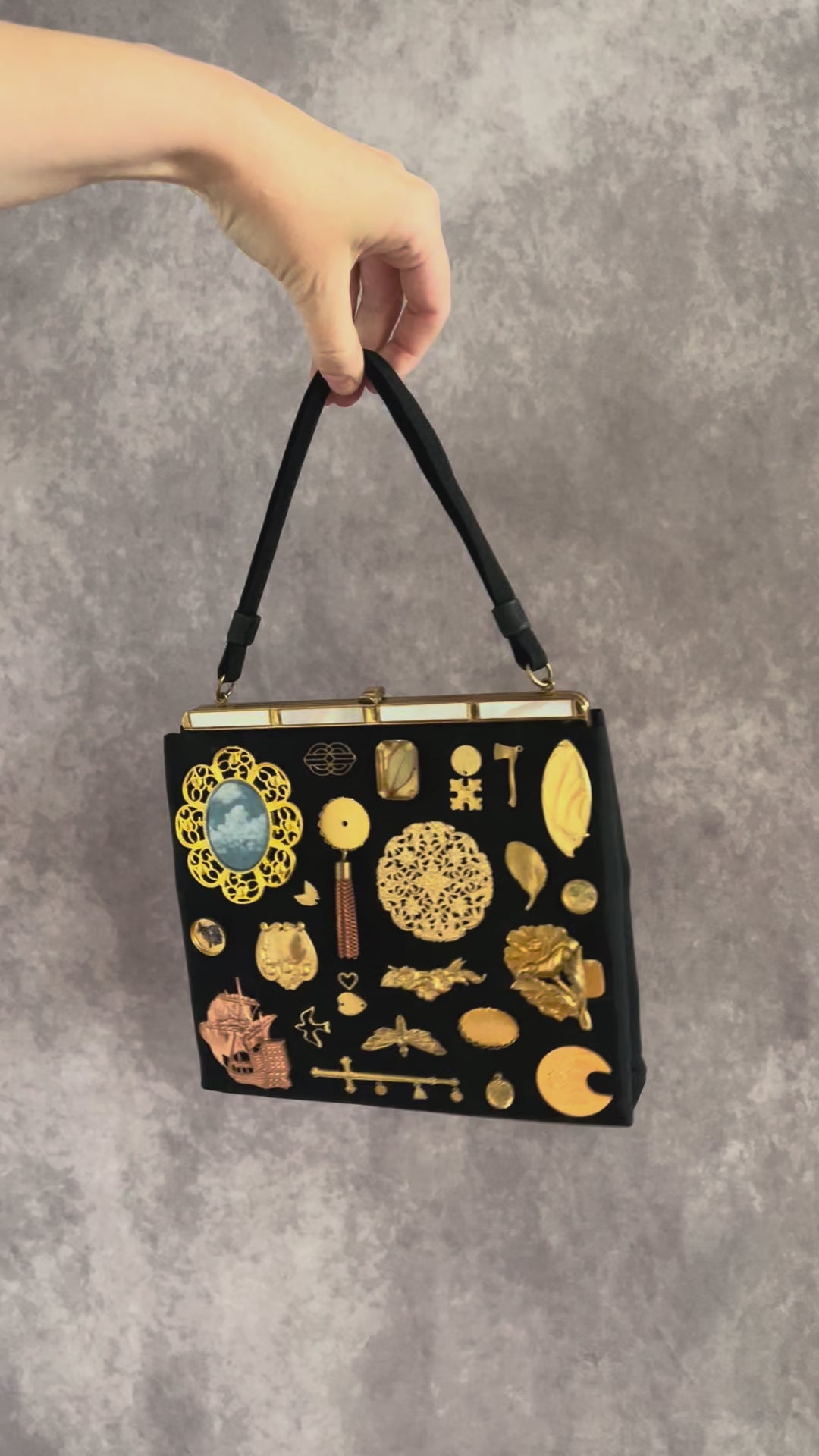 1940s Black Fabric Gathered Charm Bag