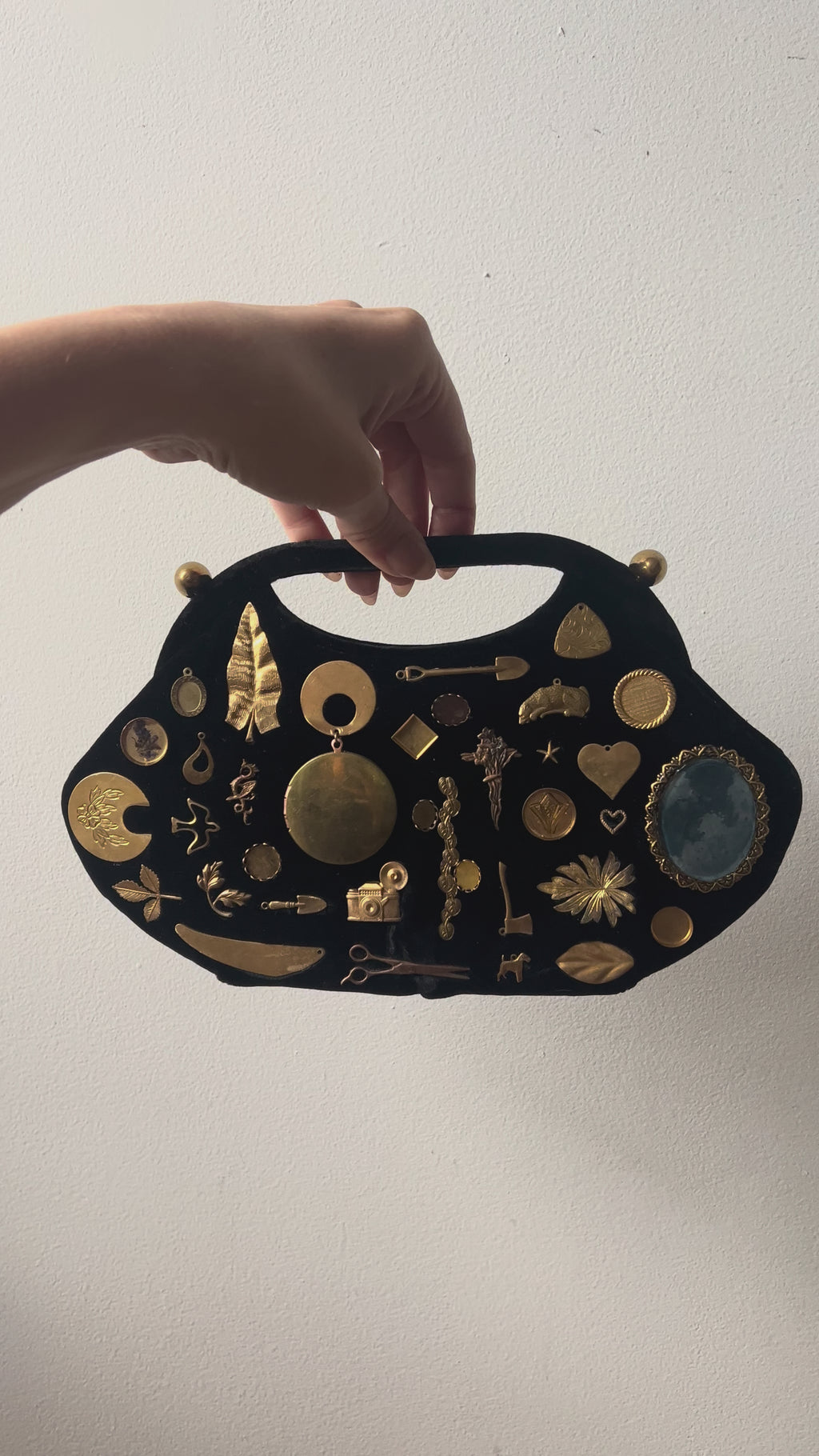 1950s Black Velvet Gathered Charm Bag