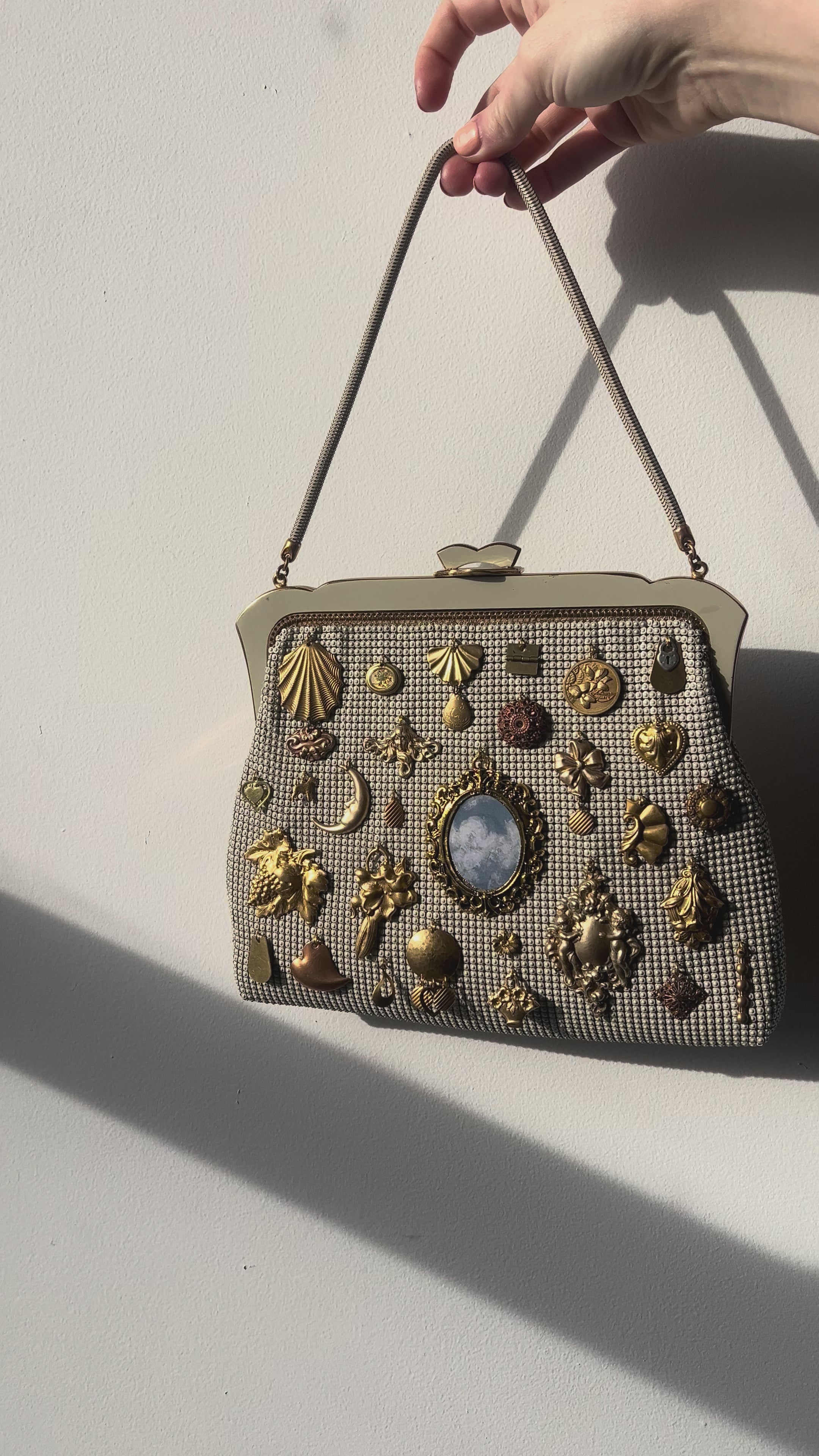 1940s Cream Mesh Gathered Charm Bag