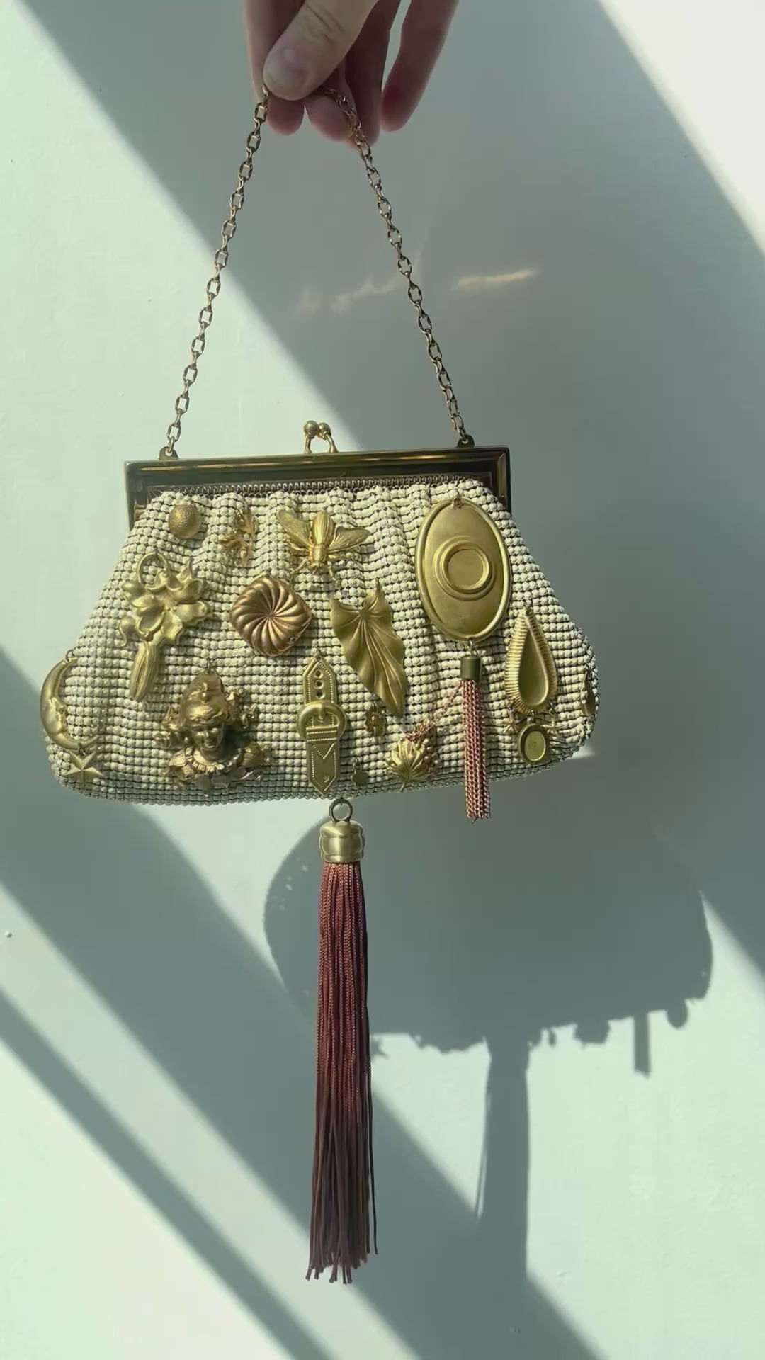 Ivory Mesh Tasseled Gathered Charm Bag