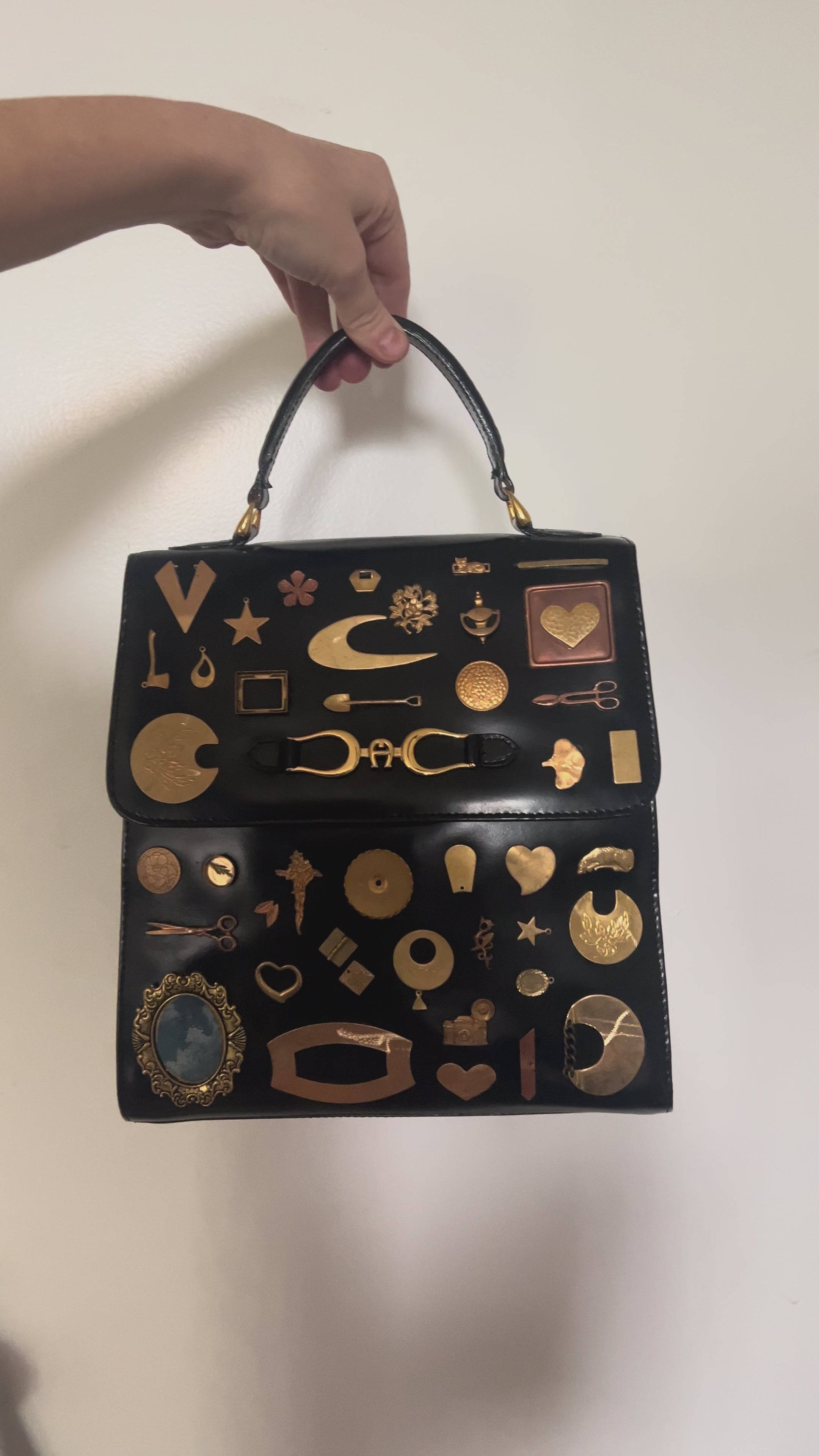 1960s Black Leather Gathered Charm Bag