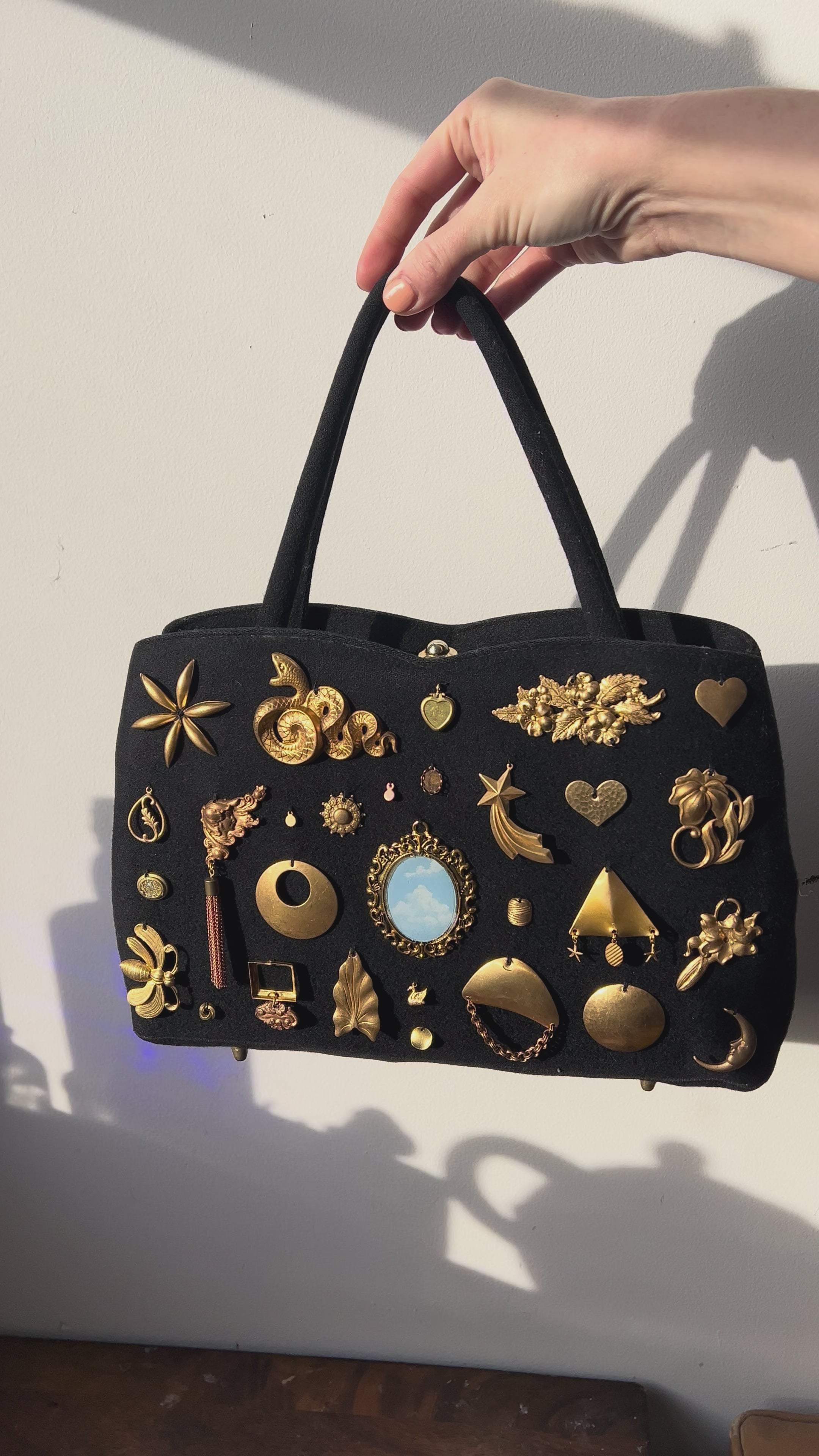 1940s Black Fabric Gathered Charm Bag