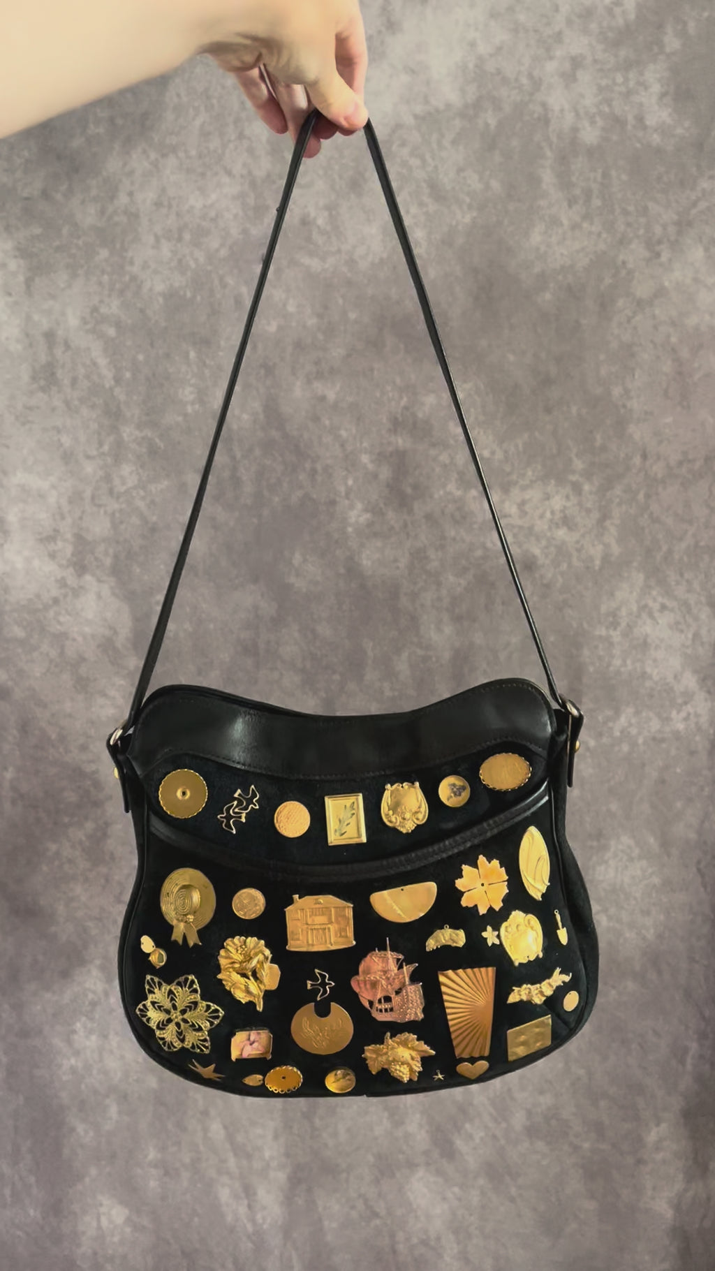 1960s Black Suede Gathered Charm Bag