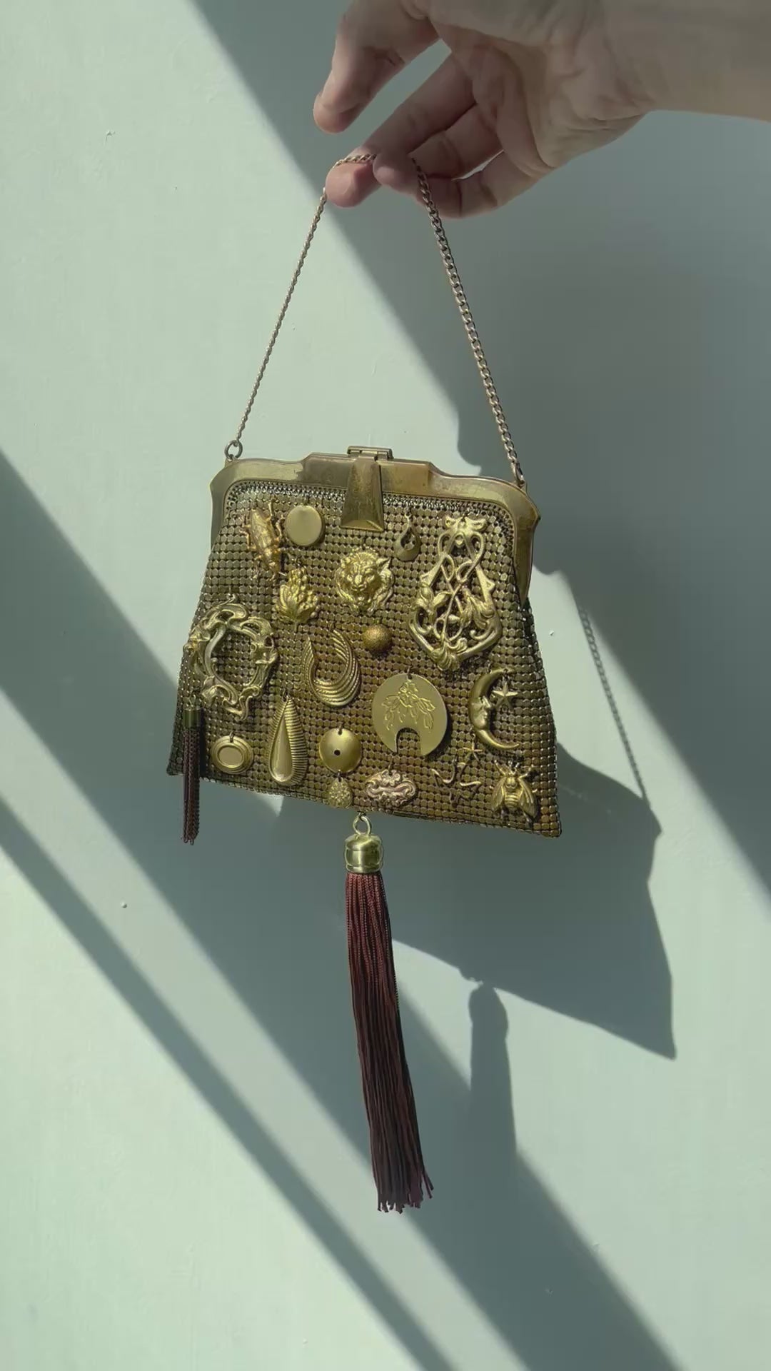 Gold Mesh Tasseled Gathered Charm Bag