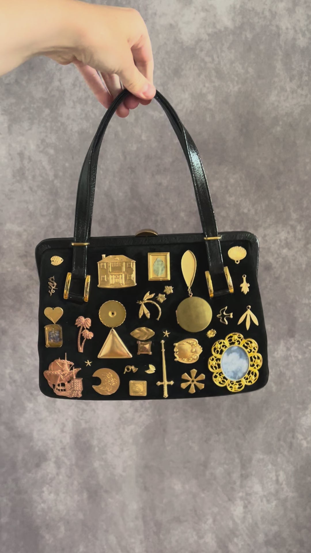 1960s Black Suede Gathered Charm Bag