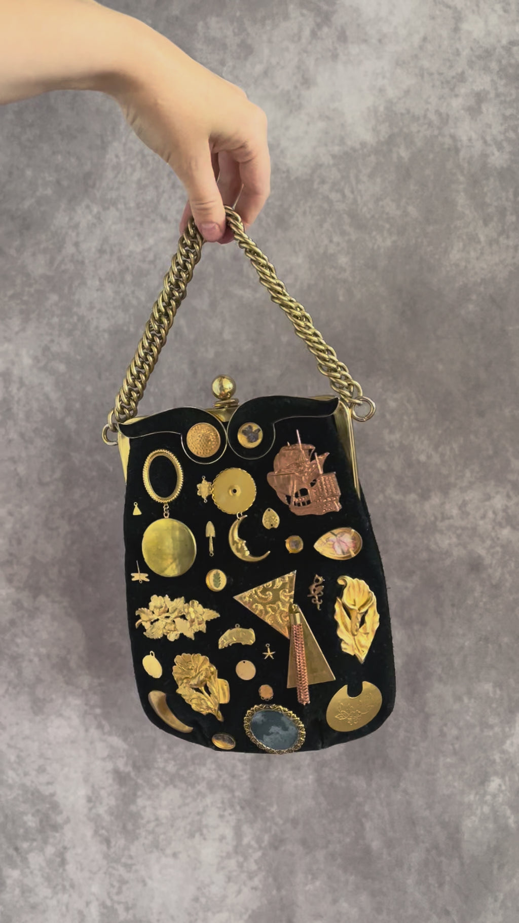 1960s Black Suede Gathered Charm Bag