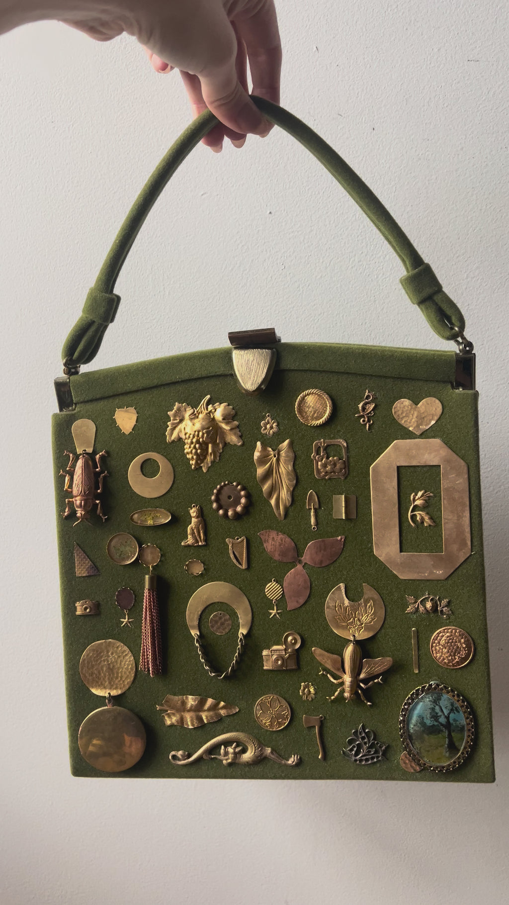 1940s Green Velvet Gathered Charm Bag