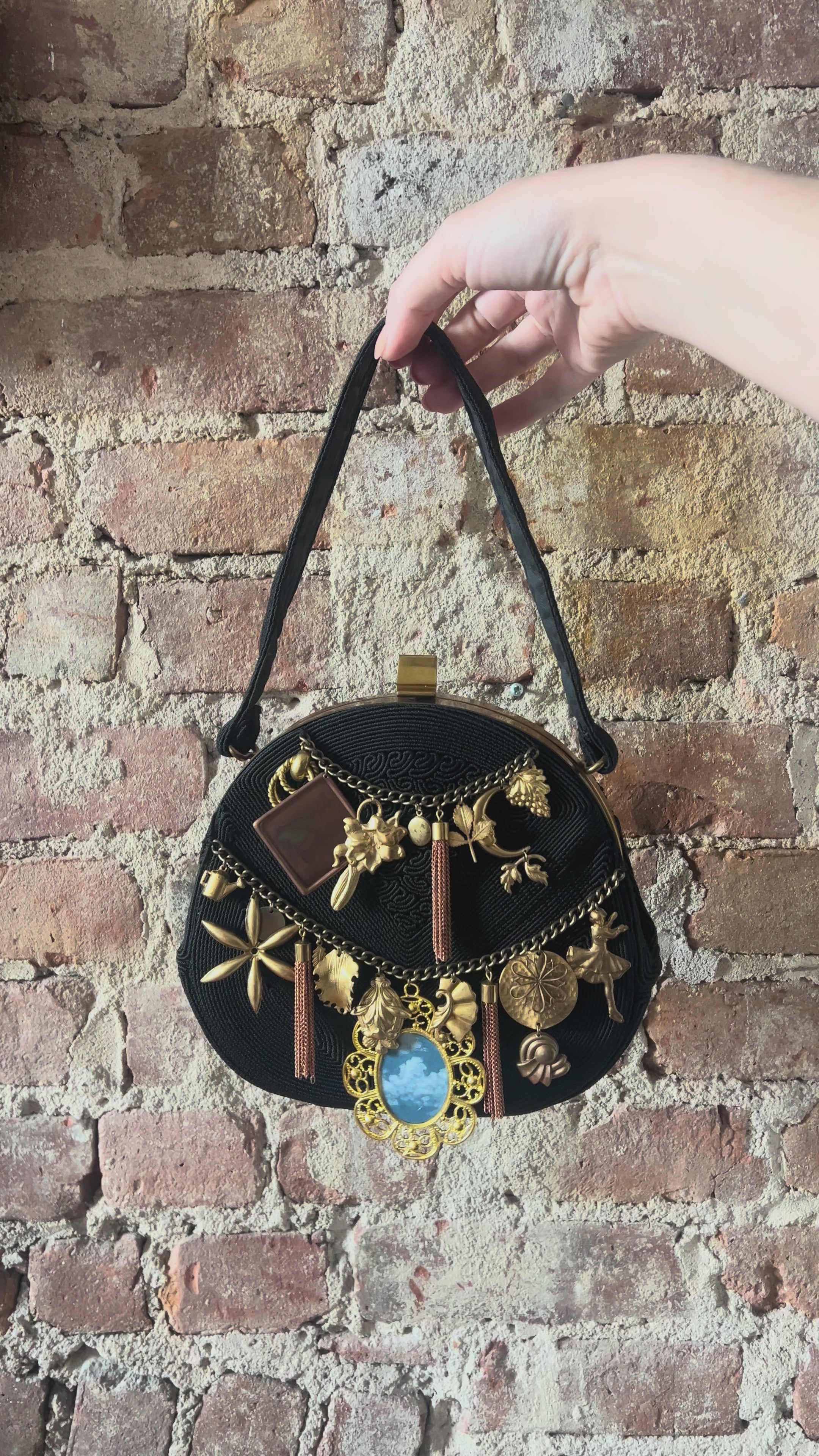 1940s Black Corde Chain Gathered Charm Bag