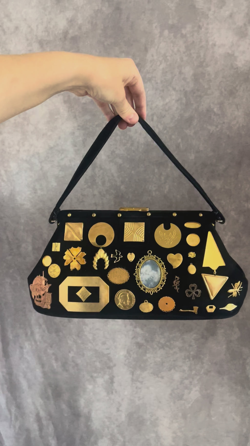 1950s Black Suede Gathered Charm Bag