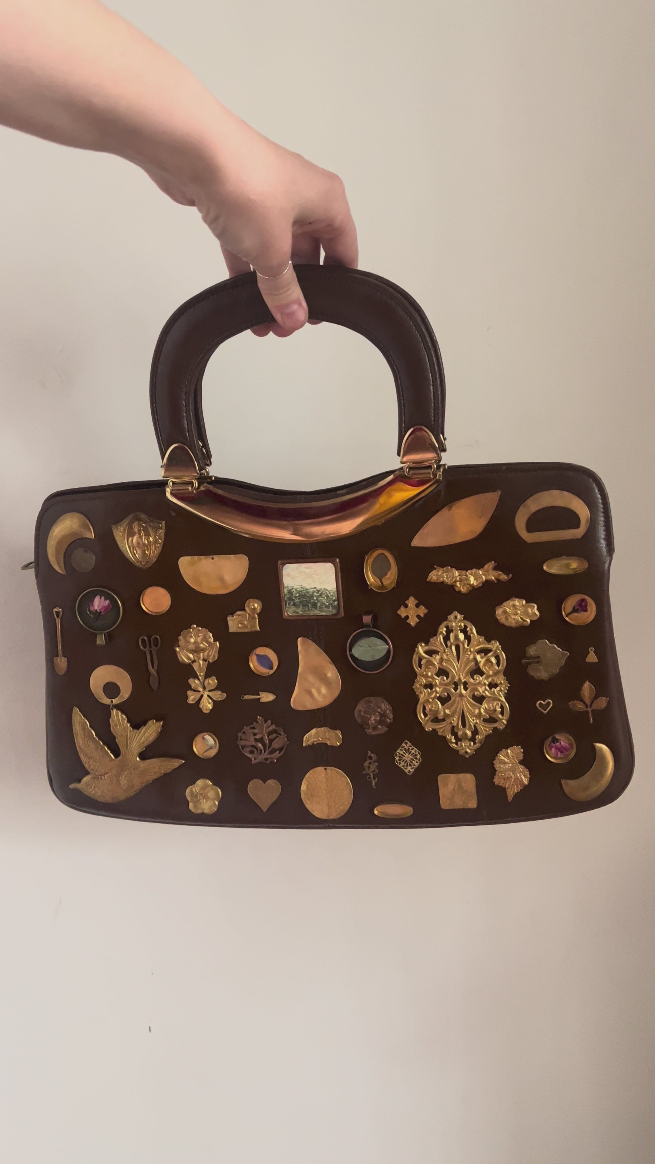 1960s Brown Patent Leather Gathered Charm Bag