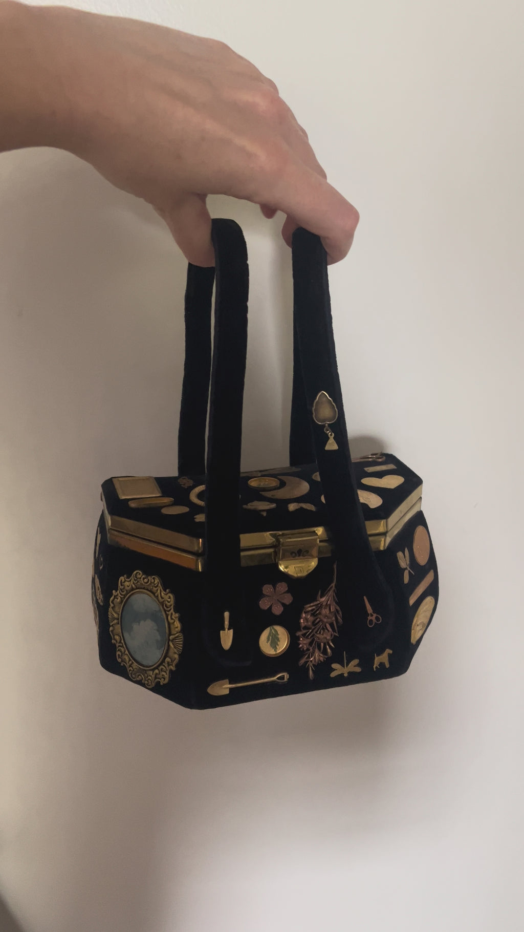 1930s Navy Velvet Box Gathered Charm Bag