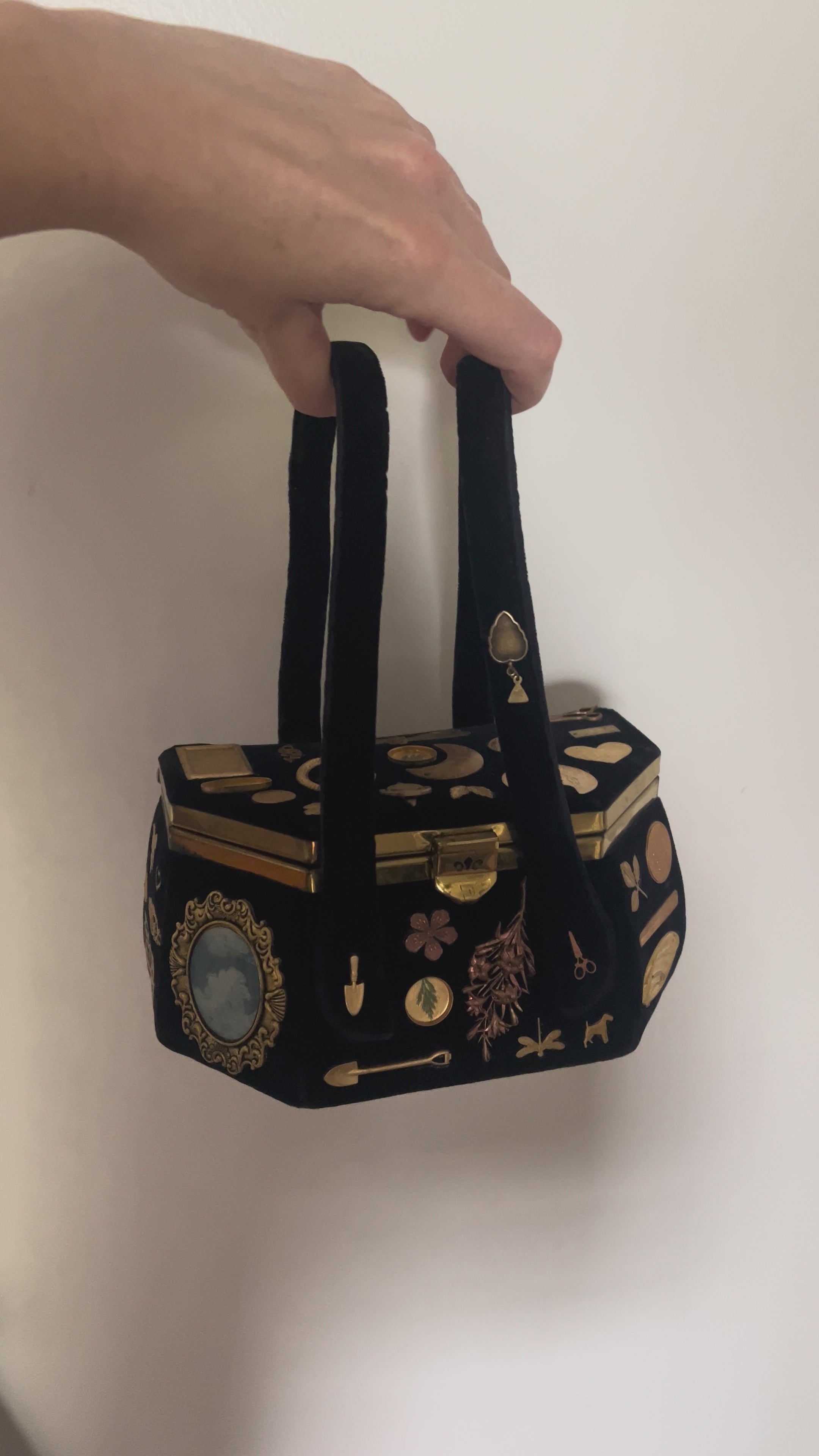1930s Navy Velvet Box Gathered Charm Bag
