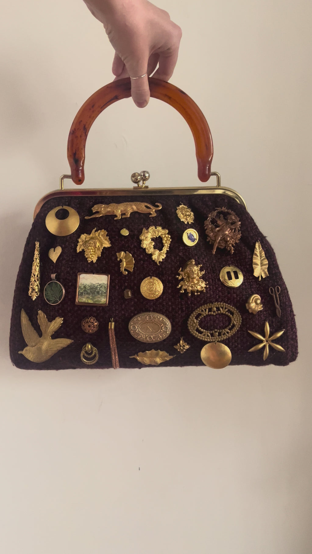 1950s Violet Tweed Large Gathered Charm Bag