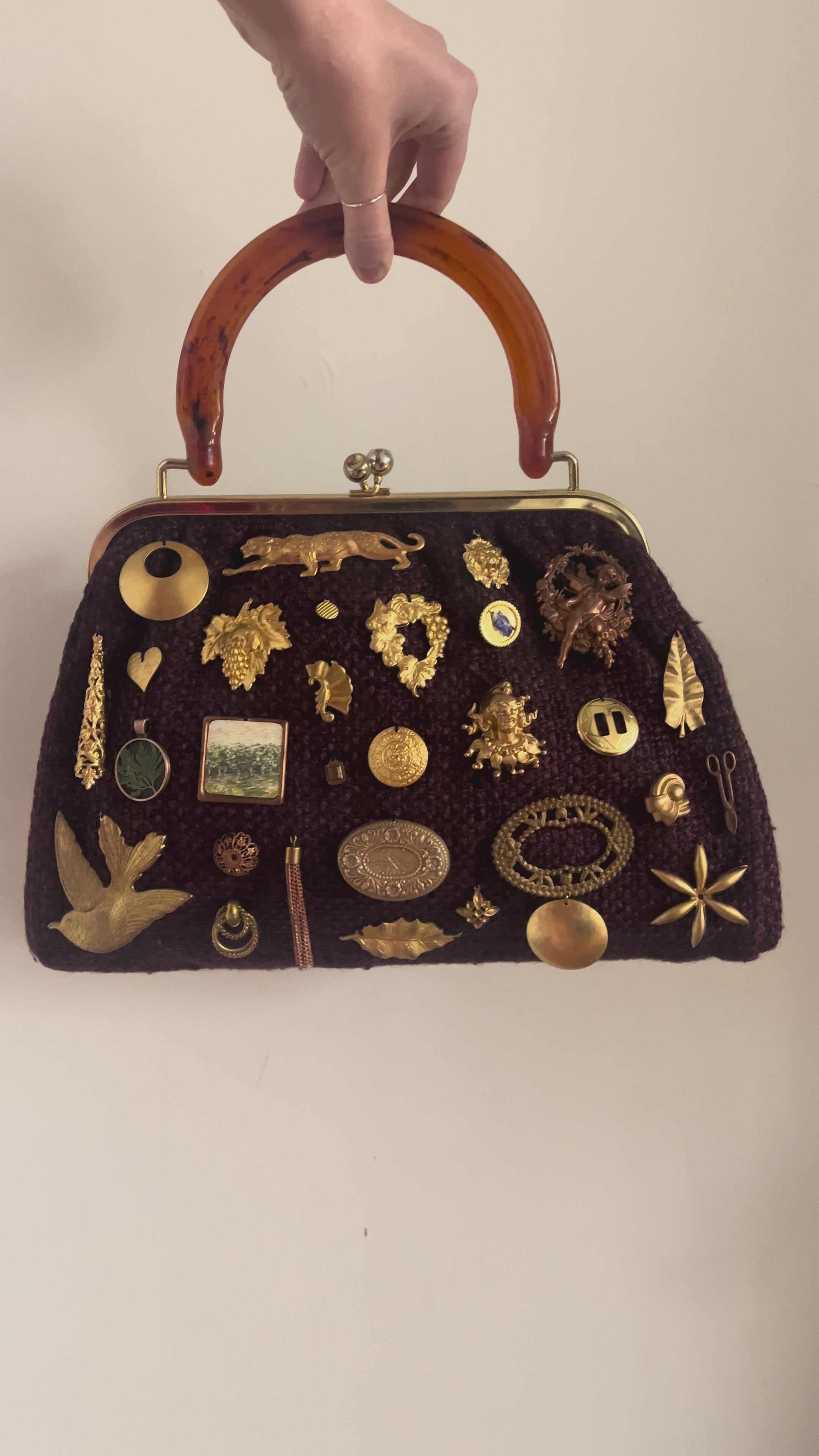 1950s Violet Tweed Large Gathered Charm Bag
